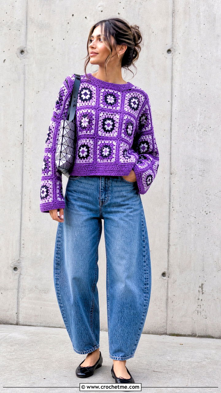 Boxy Granny Square Pullover With Barrel Jeans - 35 crochet granny square pullover outfit ideas