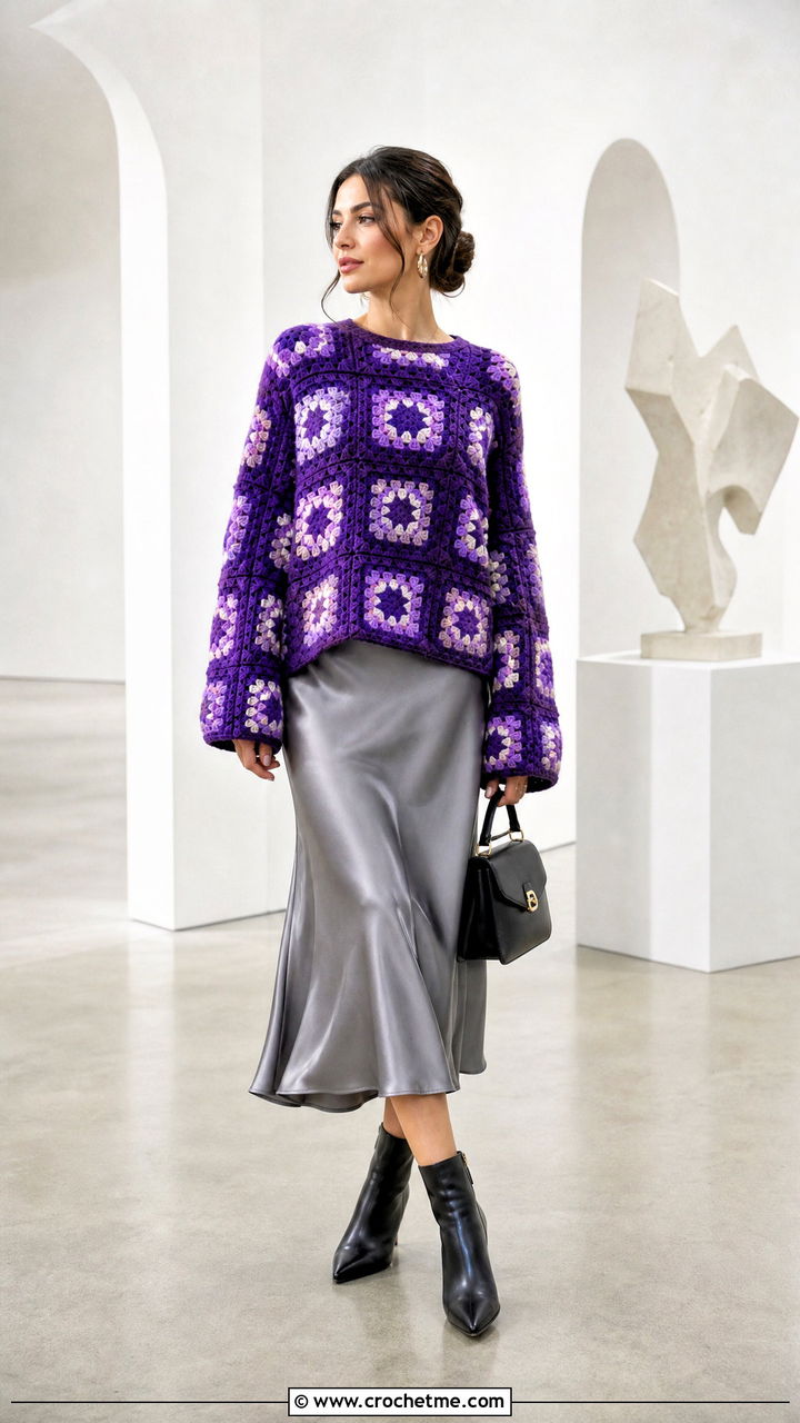 Boxy Granny Square Pullover With Satin Midi Skirt - 35 granny square pullover outfit ideas