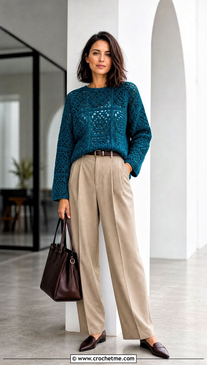 Boxy Granny Square Pullover With Tailored Trousers - 30 crochet sweater with granny squares outfit ideas