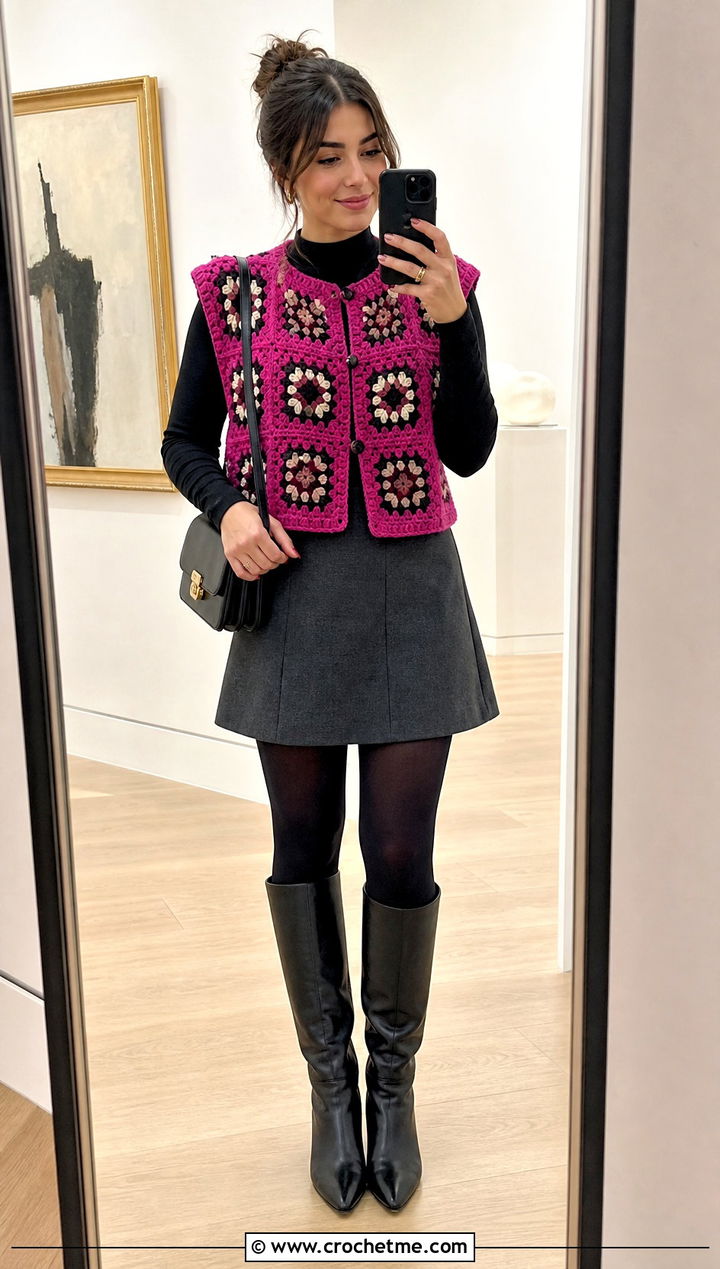 Boxy Granny Square Sleeveless Cardigan With Mini Skirt - 30 granny square sleeveless cardigan outfit ideas