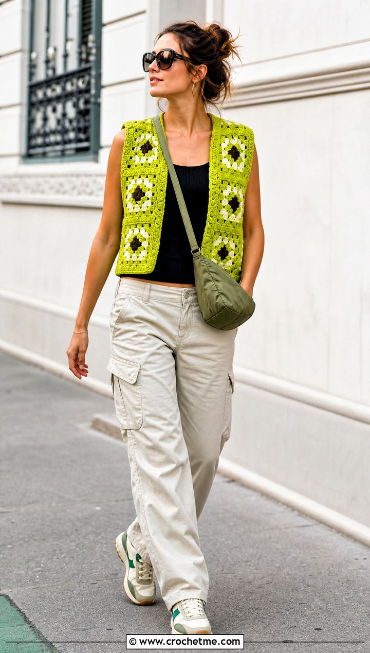 Boxy Granny Square Sleeveless Vest With Cargo Pants - 20 Granny Square Sleeveless Vest outfit ideas