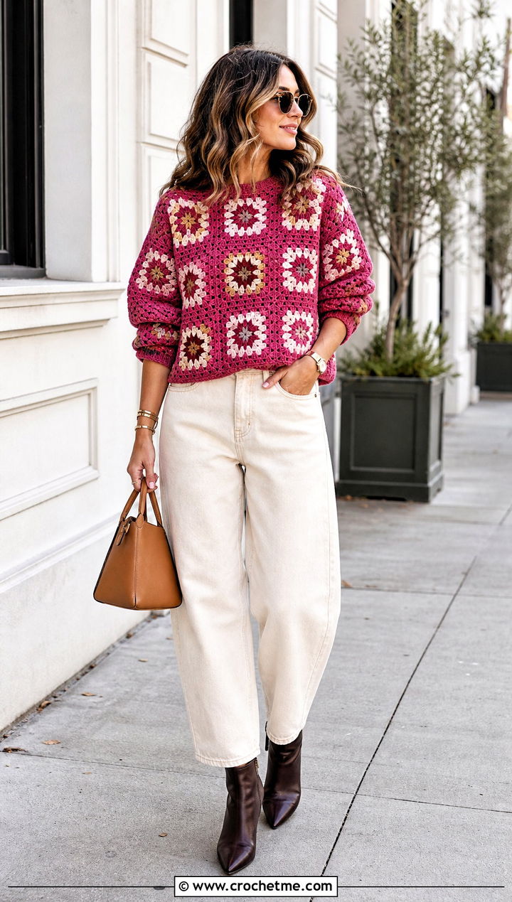 Boxy Granny Square Stitch Sweater With Barrel Jeans - 25 granny square stitch sweater outfit ideas