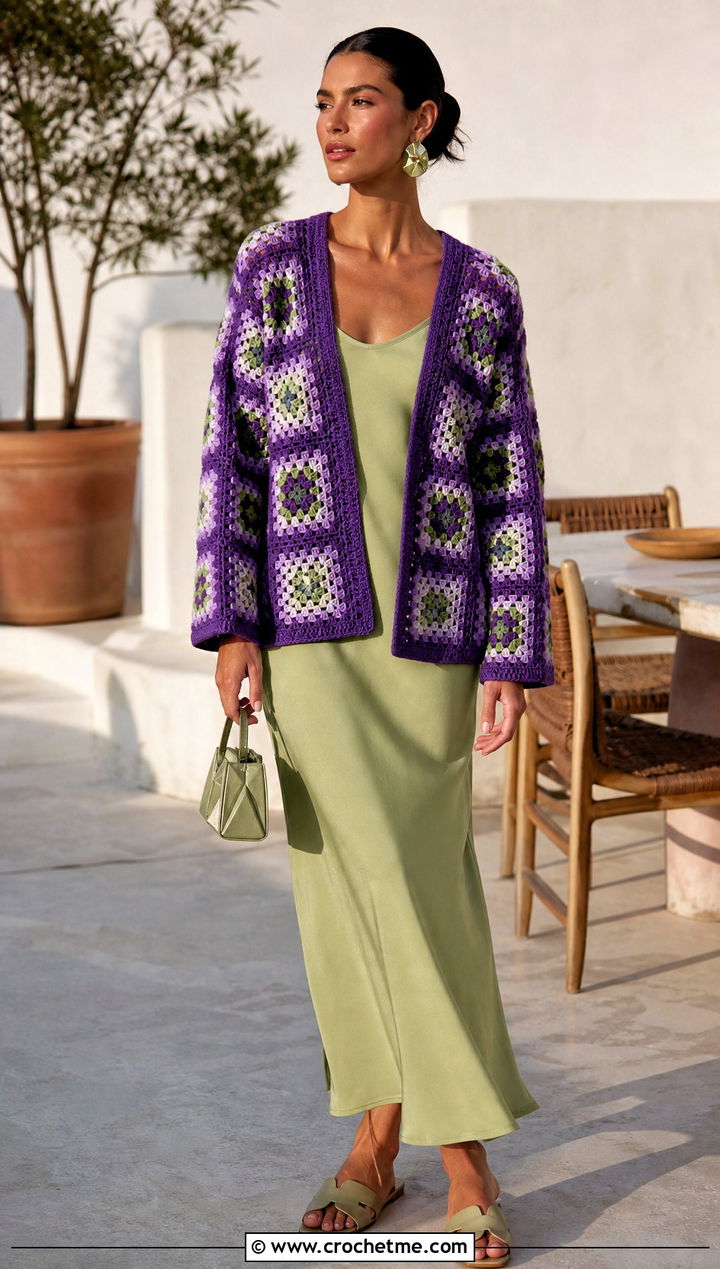 Boxy Granny Square Summer Cardigan With Bias Cut Dress - 30 granny square summer cardigan outfit ideas