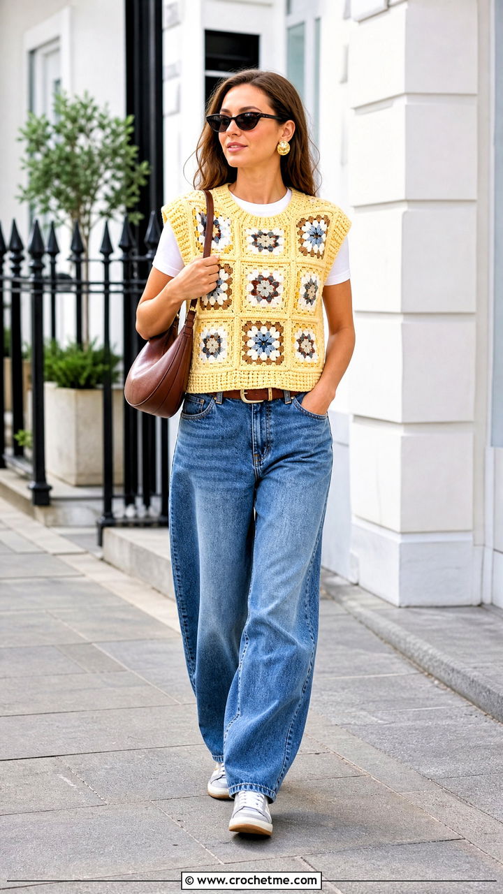 Boxy Granny Square Sweater Vest With Barrel Jeans - 35 granny square sweater vest outfit ideas