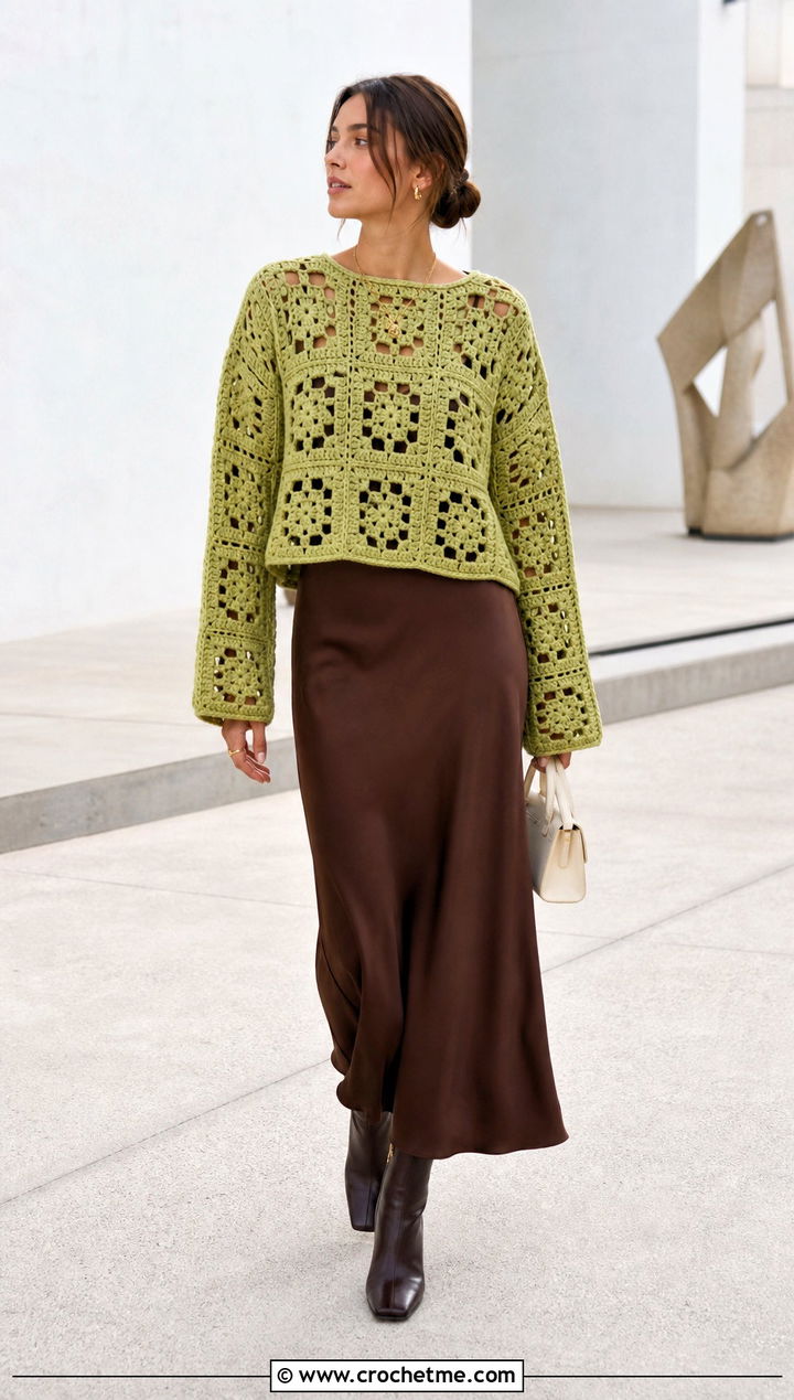 Boxy Granny Square Sweater With Bias Cut Slip Dress - 25 Square Crochet Sweater outfit ideas