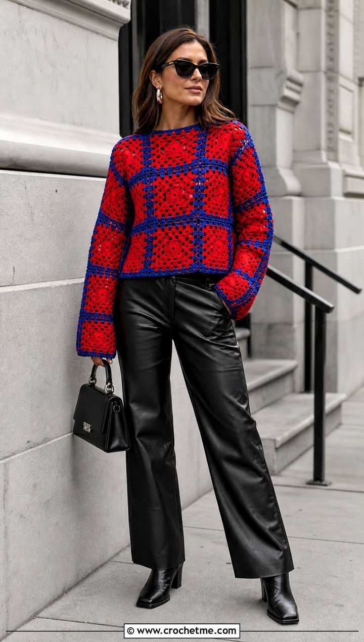 Boxy Granny Square Sweater With Leather Pants - 25 Granny Squares Sweater outfit ideas