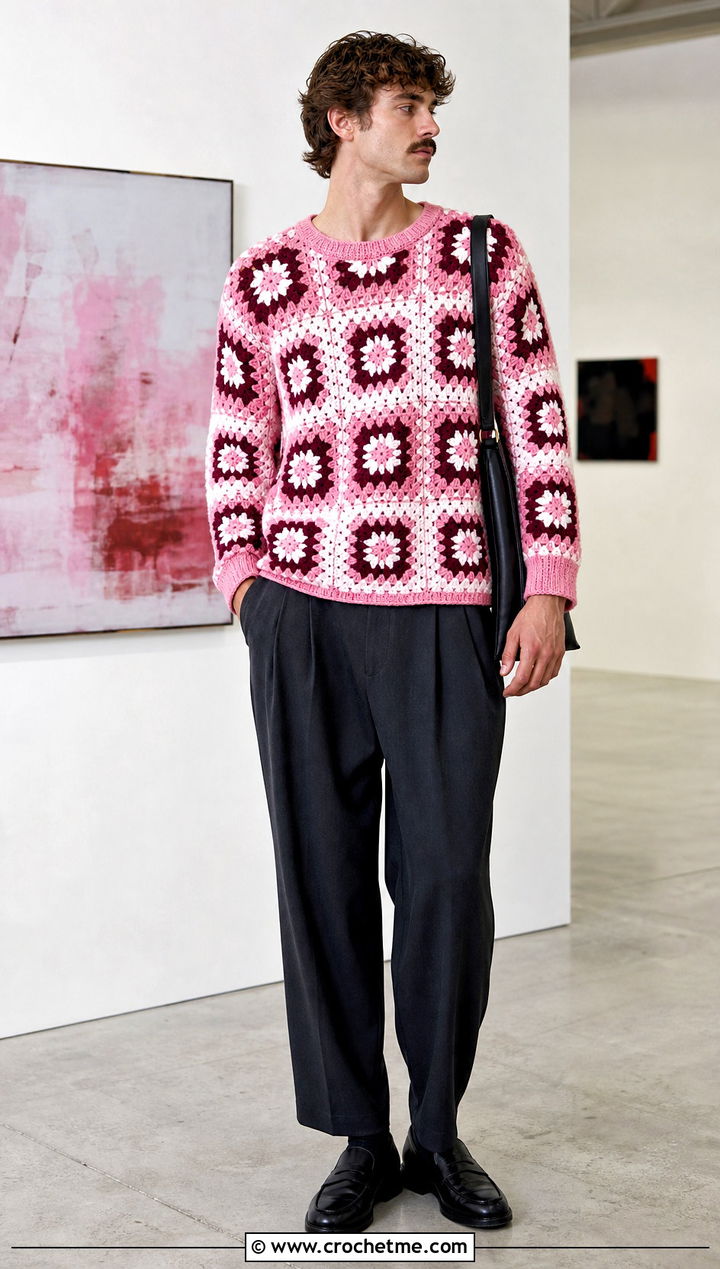 Boxy Granny Square Sweater With Pleated Trousers - 25 Crochet Granny Square Sweater For Men outfit ideas