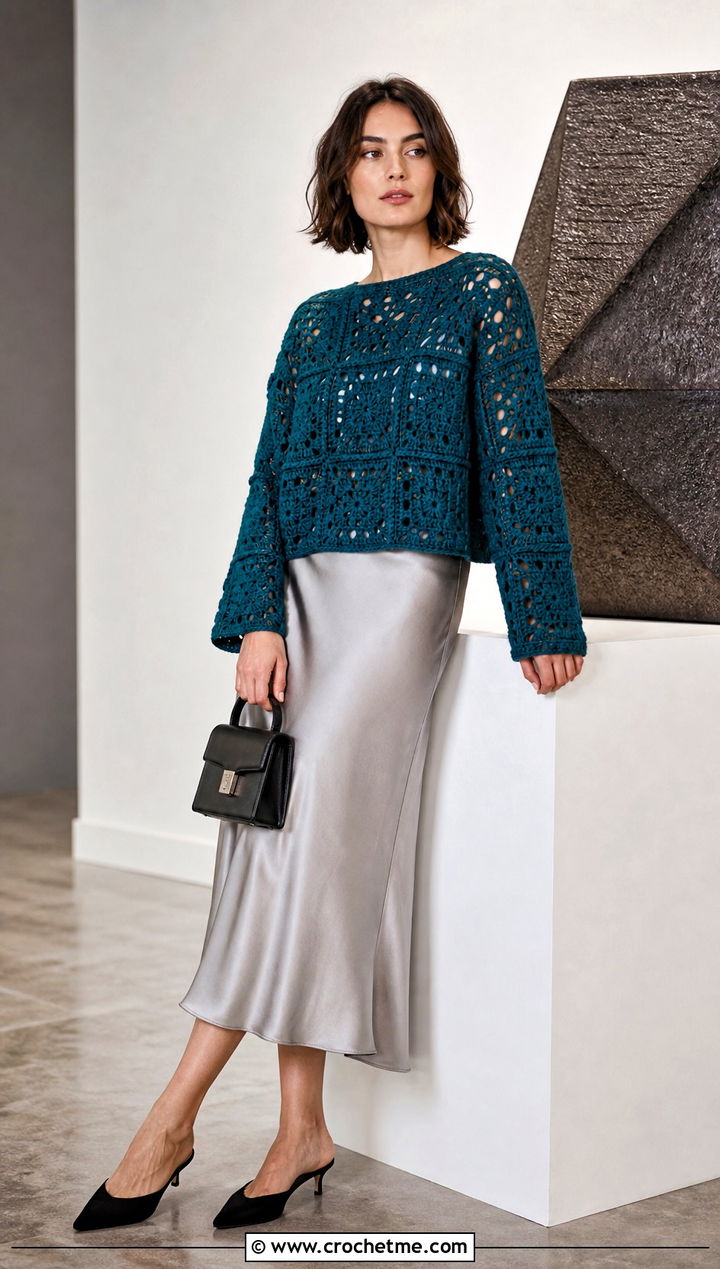Boxy Granny Square Sweater With Satin Midi Skirt - 30 easy granny square sweater outfit ideas