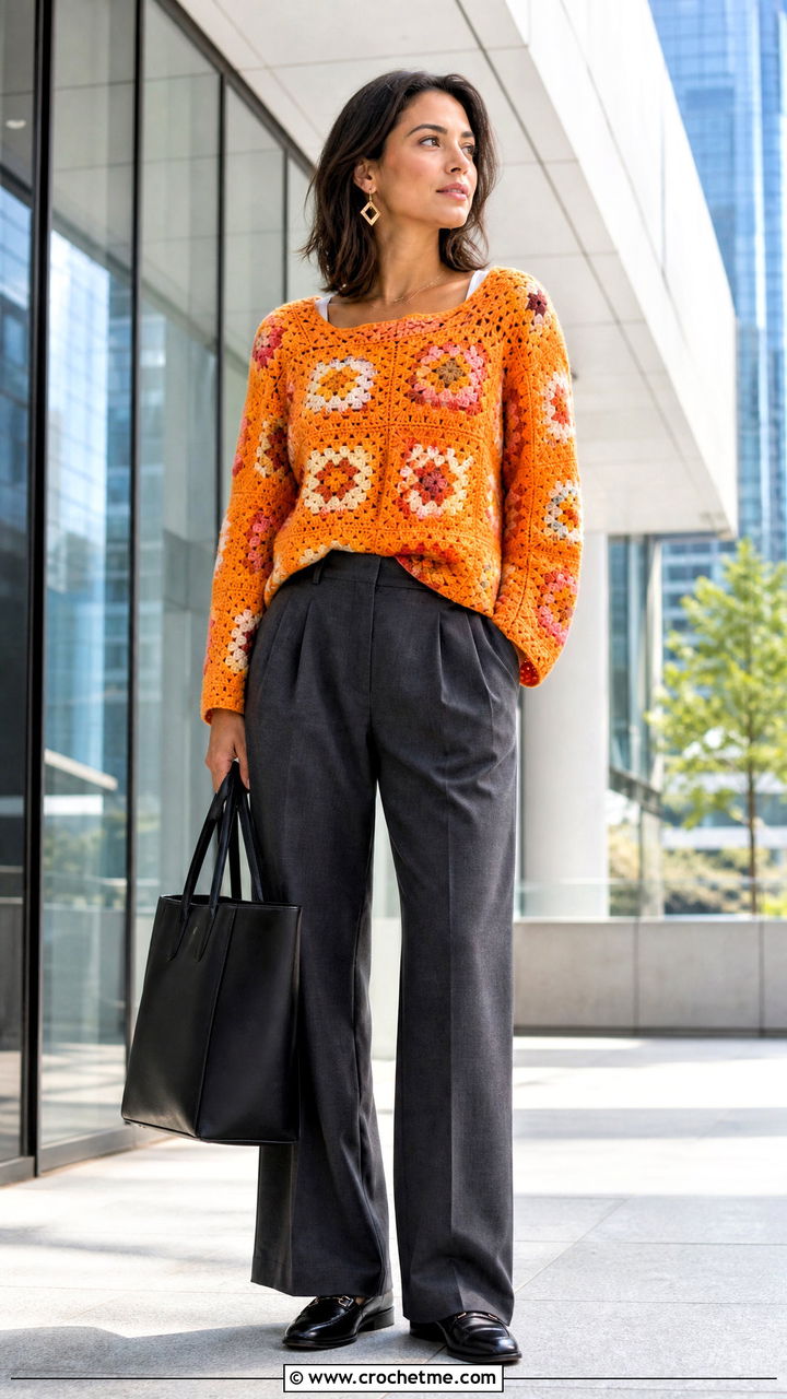 Boxy Granny Square Sweater With Tailored Trousers - 35 4 Granny Square Sweater outfit ideas