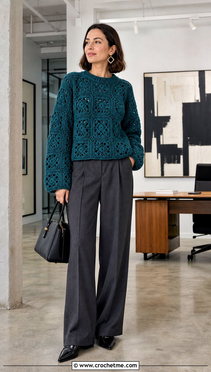 Boxy Granny Square Sweater With Wide Leg Trousers - 35 Crochet Square Sweater outfit ideas