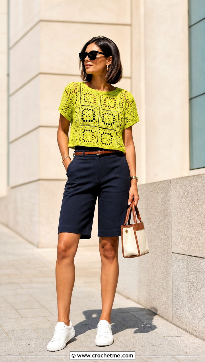 Boxy Granny Square T Shirt Top With Bermuda Shorts - 35 granny square crochet top outfit ideas