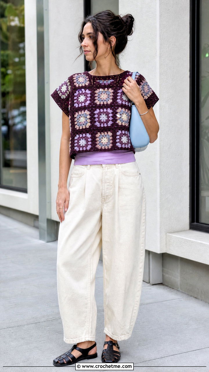 Boxy Granny Square T Shirt With Barrel Jeans - 35 granny square clothes and outfit ideas