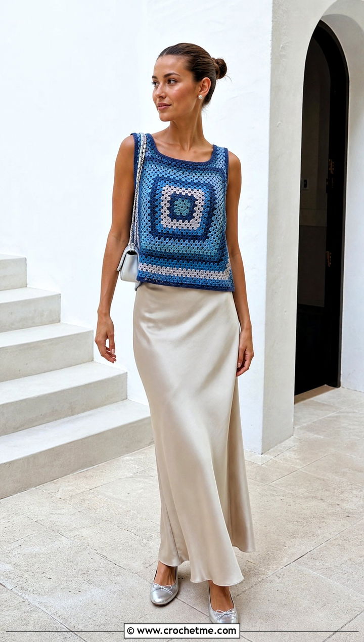 Boxy Granny Square Tank Top With Slip Skirt - 25 Crochet Granny Square Tank Top outfit ideas