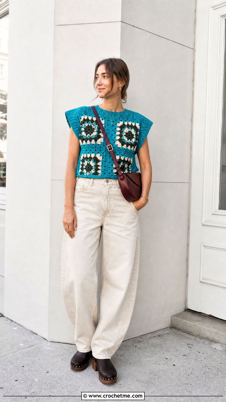 Boxy Granny Square Tee With Barrel Jeans - 35 granny square tops outfit ideas
