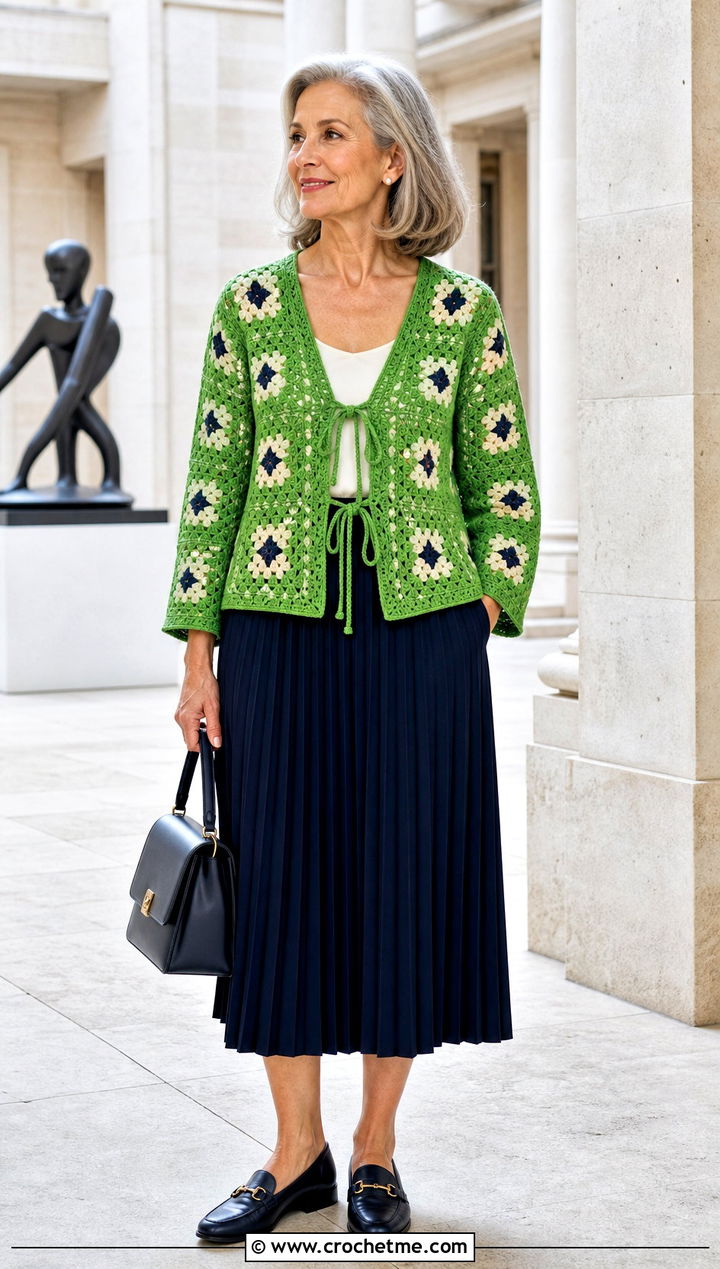 Boxy Granny Square Tie Cardigan With Pleated Midi Skirt - 25 Granny Square Tie Cardigan outfit ideas