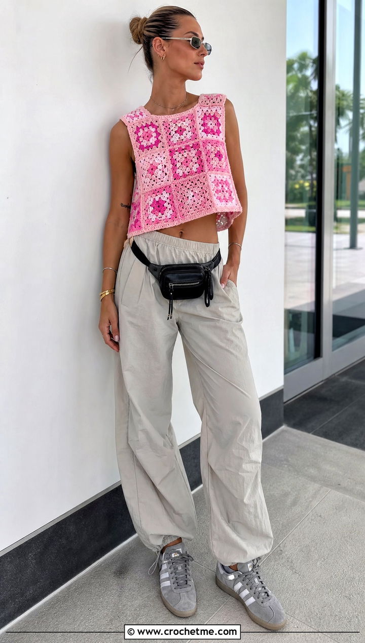 Boxy Granny Square Top With Parachute Pants - 30 crochet granny square summer top outfit ideas