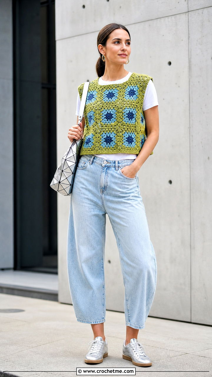 Boxy Granny Square Vest With Barrel Jeans - 35 granny square vest outfit ideas