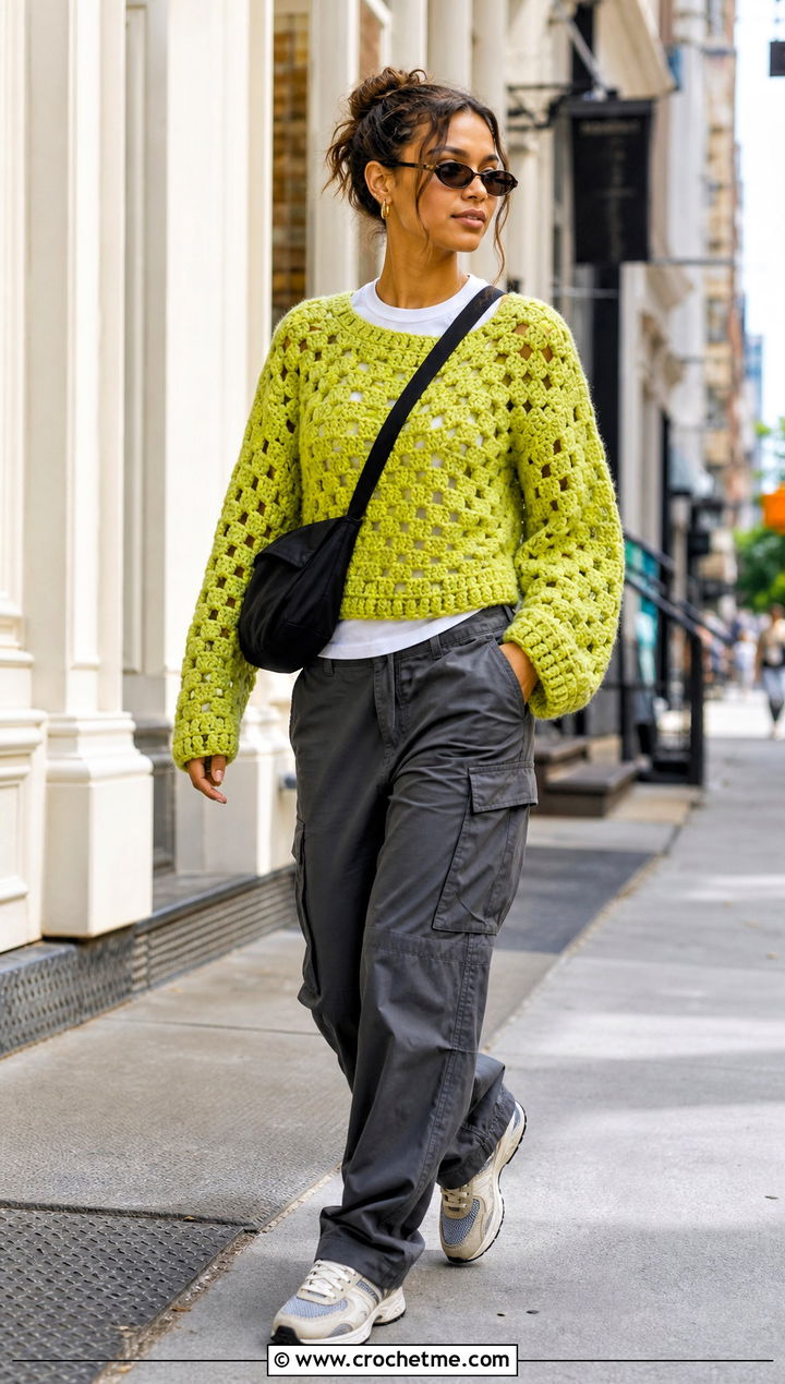 Boxy Granny Stitch Sweater With Cargo Pants - 25 granny crochet sweater outfit ideas
