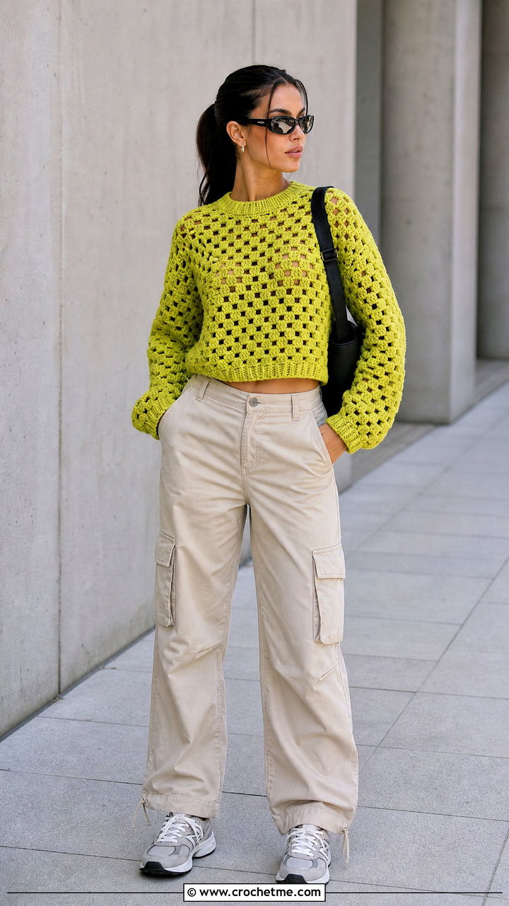Boxy Granny Stitch Sweater With Cargo Pants - 35 crochet granny stitch sweater outfit ideas