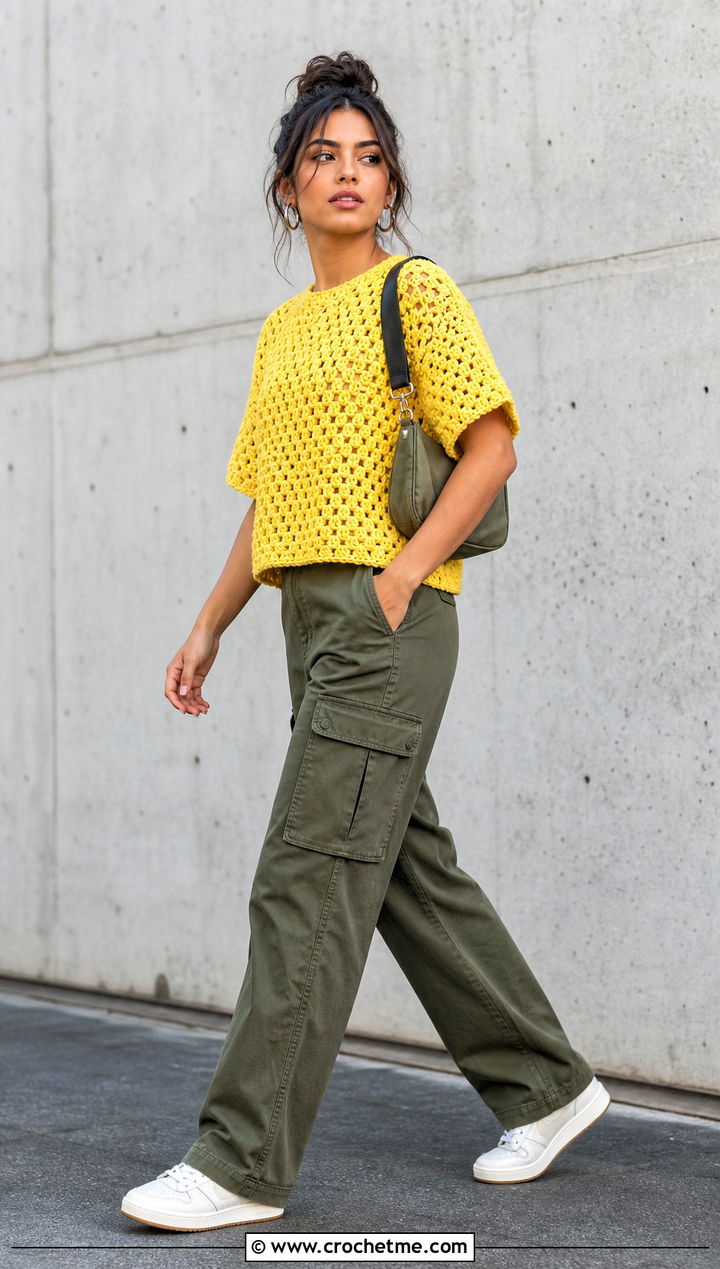 Boxy Granny Stitch T Shirt With Cargo Pants - 35 crochet granny stitch top outfit ideas