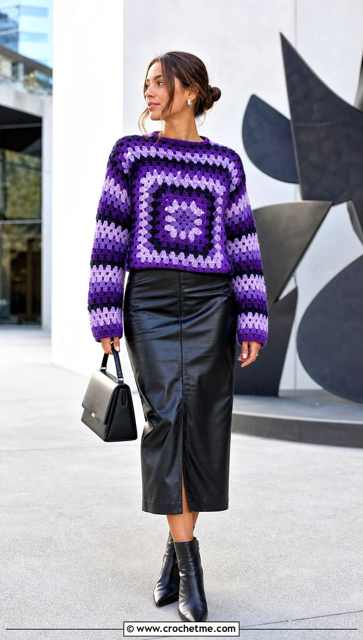 Boxy Granny Stripe Crochet Sweater With Leather Midi Skirt - 25 Granny Stripe Crochet Sweater outfit ideas