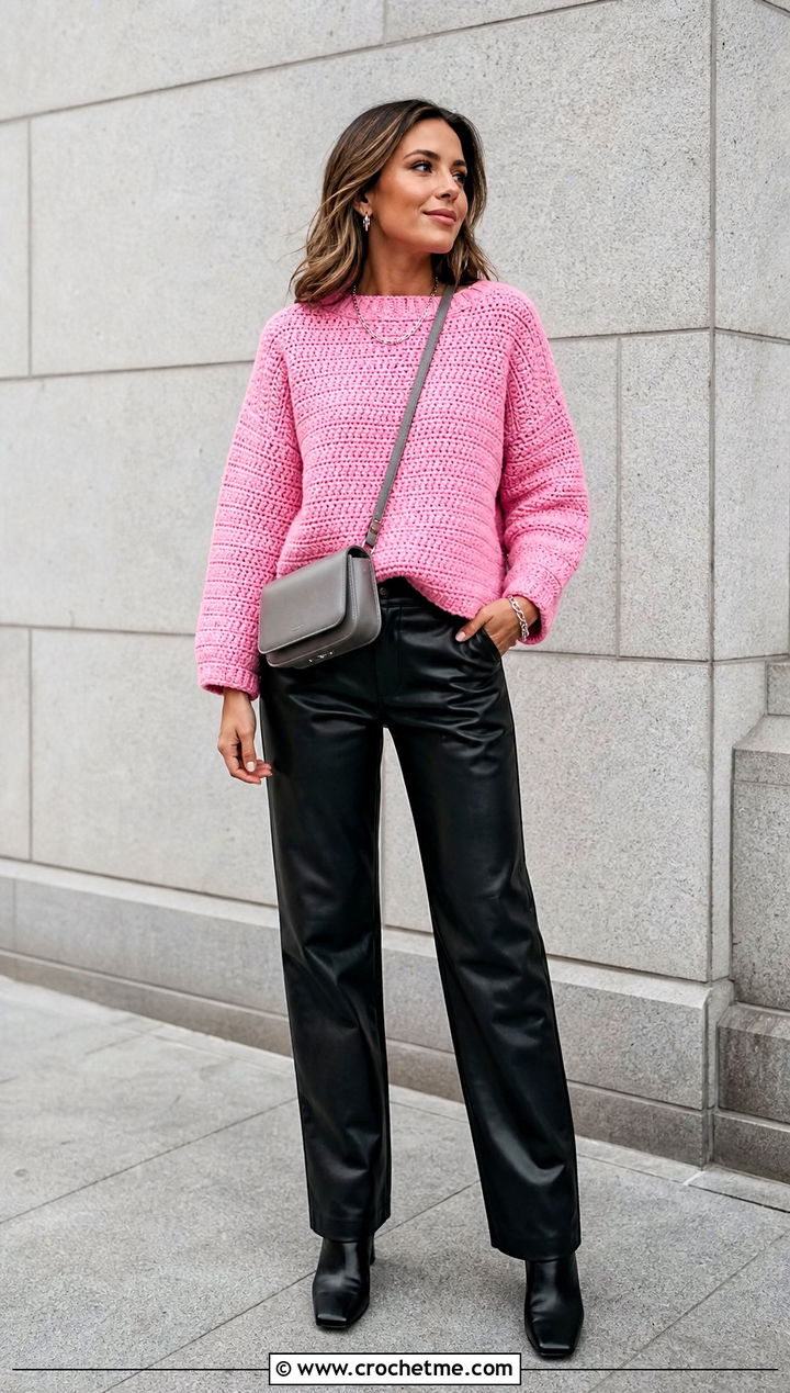 Boxy Half Double Crochet Sweater With Leather Pants - 30 half double crochet sweater outfit ideas
