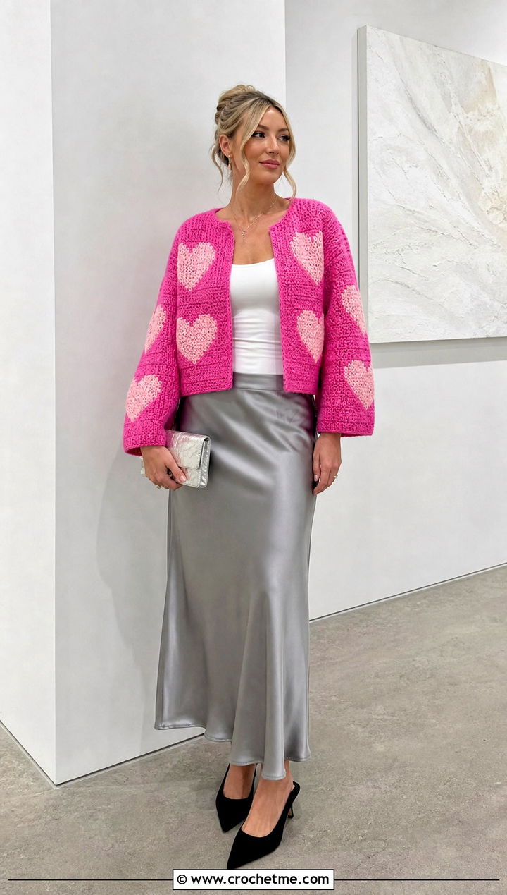 Boxy Heart Cardigan With Satin Slip Skirt - 35 crochet heart cardigan outfit ideas