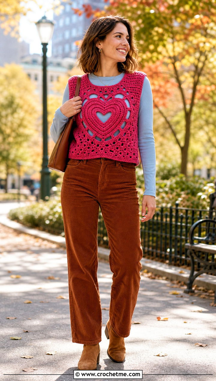 Boxy Heart Cutout Crochet Top With Corduroy Pants - 30 heart cutout crochet top outfit ideas