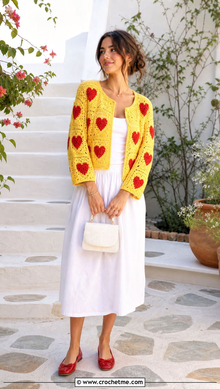 Boxy Heart Granny Square Cardigan With White Midi Skirt - 35 Heart Granny Square Cardigan outfit ideas