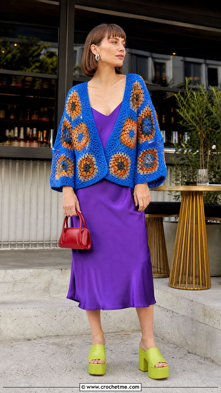 Boxy Hexagon Cardigan With Slip Dress - 35 crochet hexagon cardigan outfit ideas
