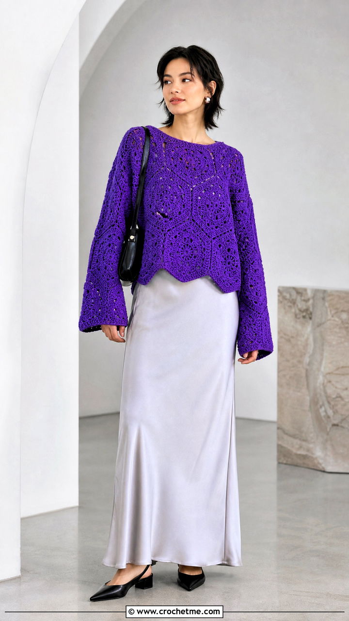 Boxy Hexagon Pullover With Bias Cut Maxi Skirt - 35 crochet hexagon pullover outfit ideas