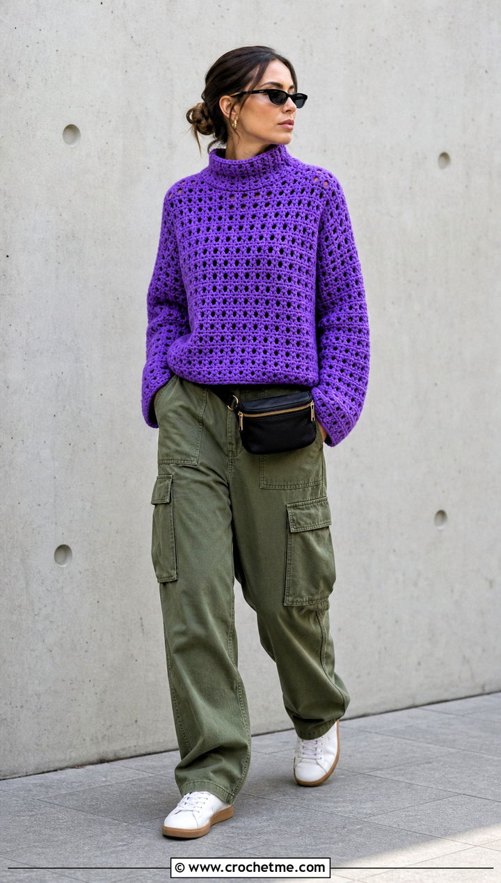 Boxy High Neck Crochet Sweater With Cargo Pants - 30 crochet high neck sweater outfit ideas