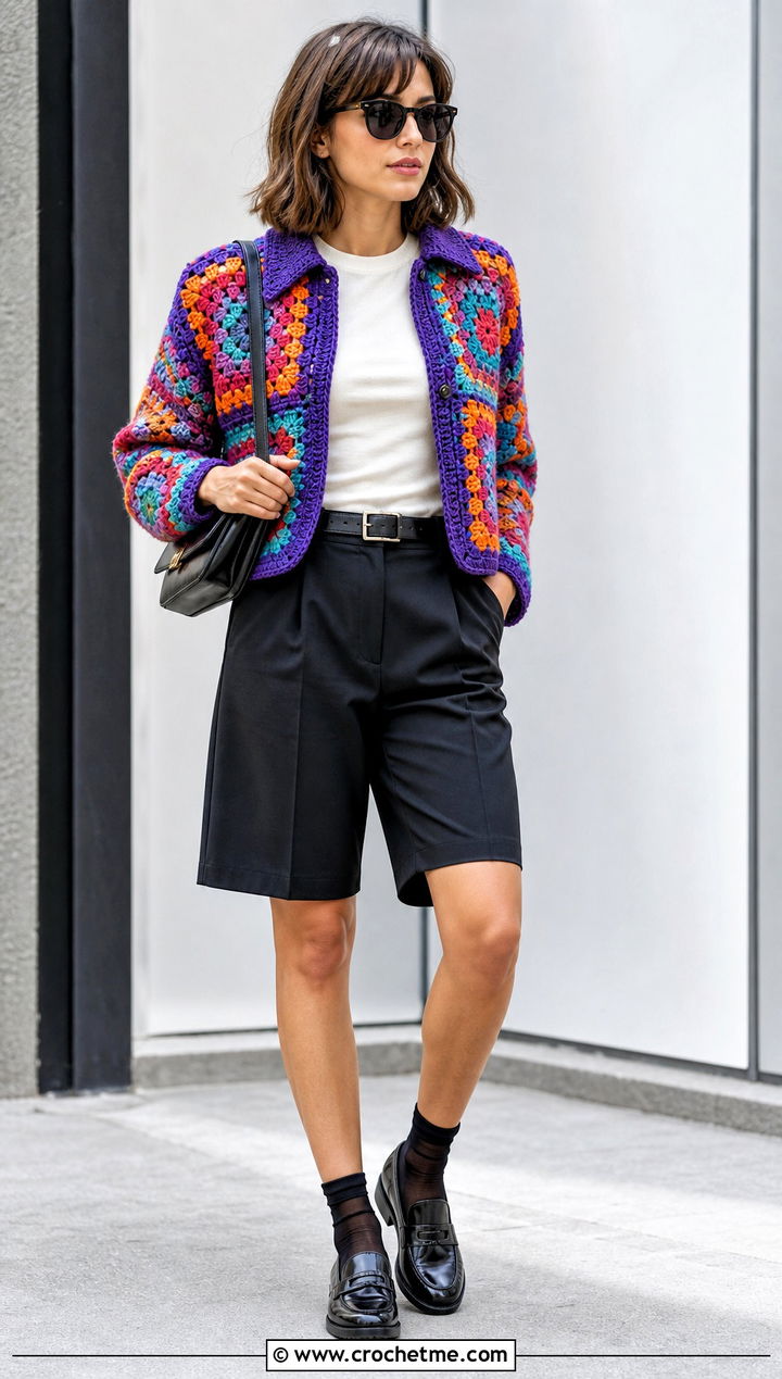 Boxy Howls Crochet Jacket With Bermuda Shorts - 25 Howl's Crochet Jacket outfit ideas