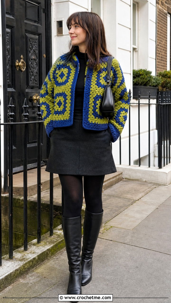 Boxy Howls Crochet Jacket With Mini Skirt And Tights - 25 Howls Crochet Jacket outfit ideas
