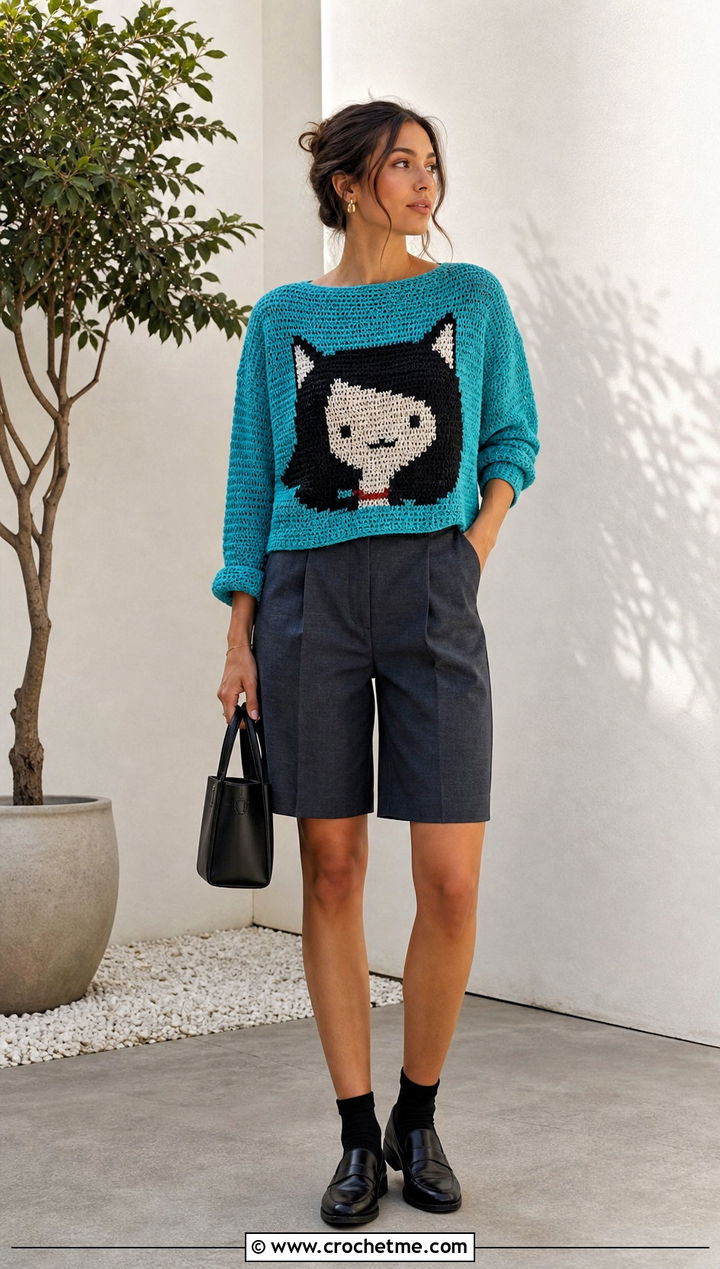 Boxy Marceline Cat Sweater With Tailored Bermuda Shorts - 30 crochet marceline sweater outfit ideas