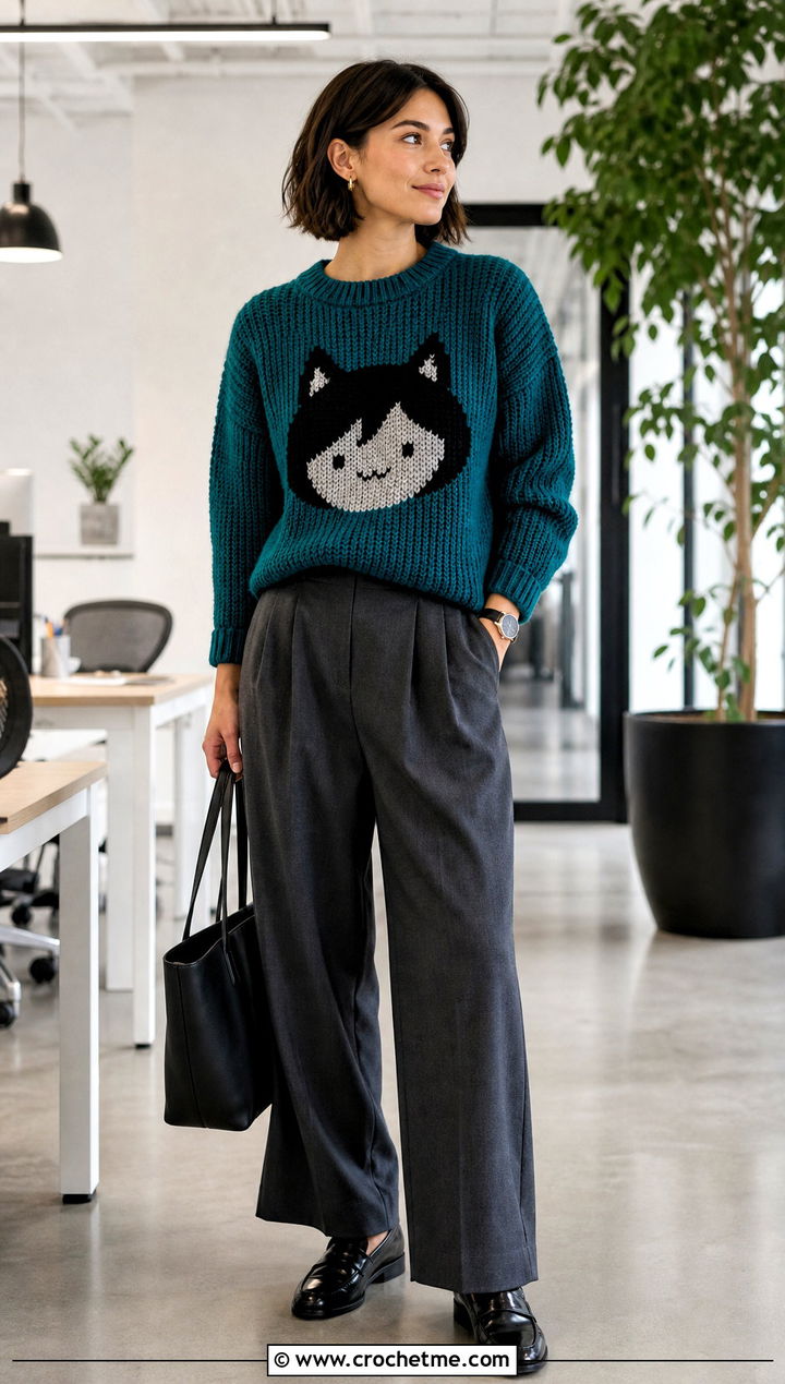 Boxy Marceline Cat Sweater With Tailored Trousers - 30 crochet marceline sweater outfit ideas