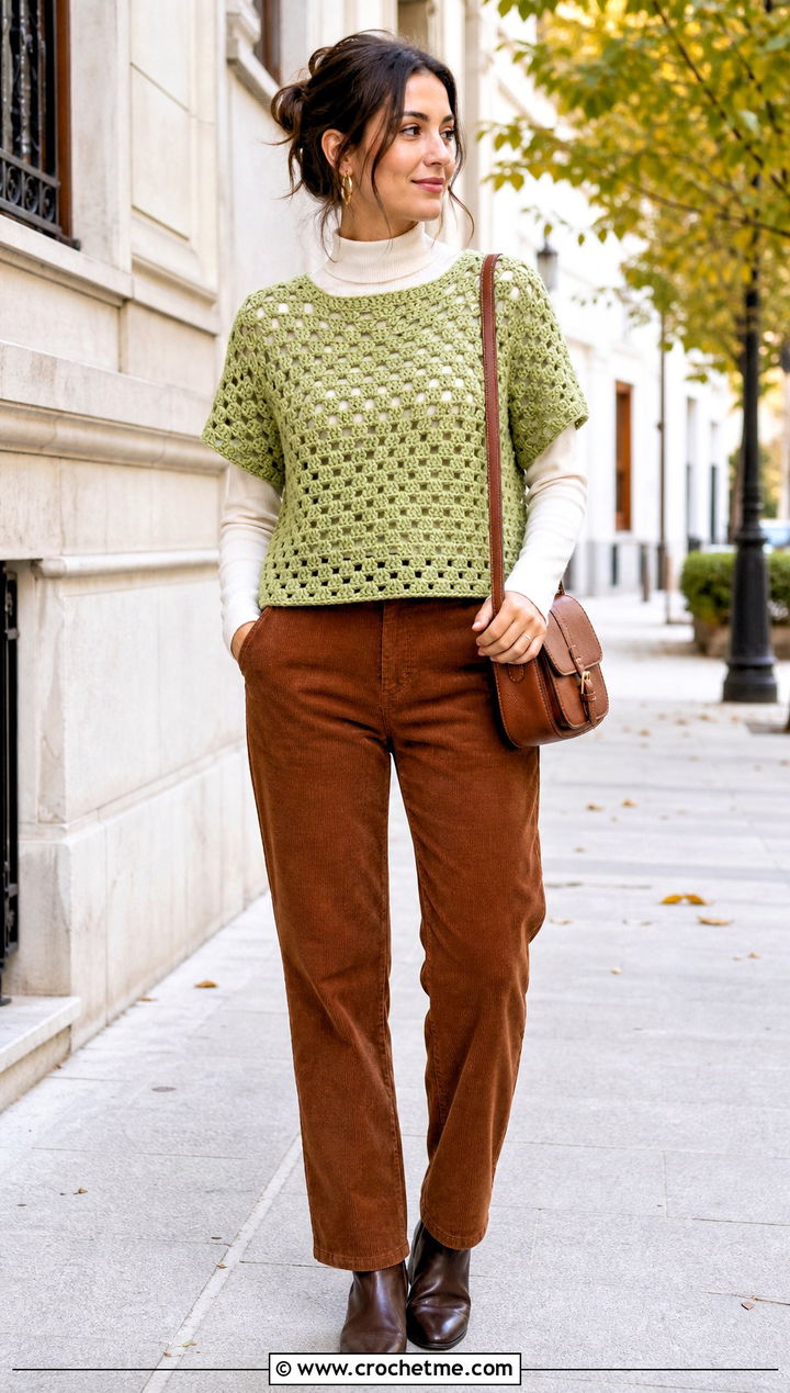 Boxy Maria Crochet Top With Corduroy Pants - 20 maria crochet top outfit ideas