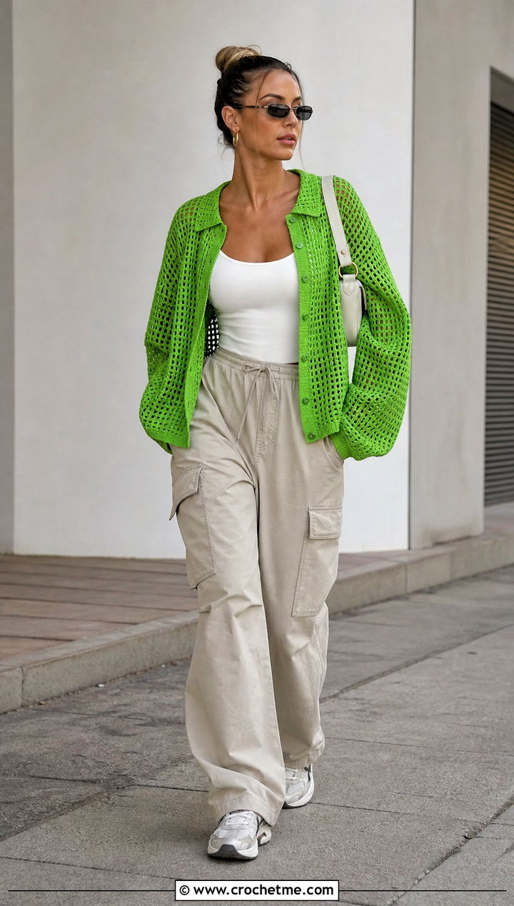 Boxy Mesh Crochet Button Down Cardigan With Cargo Pants - 25 crochet button down cardigan outfit ideas