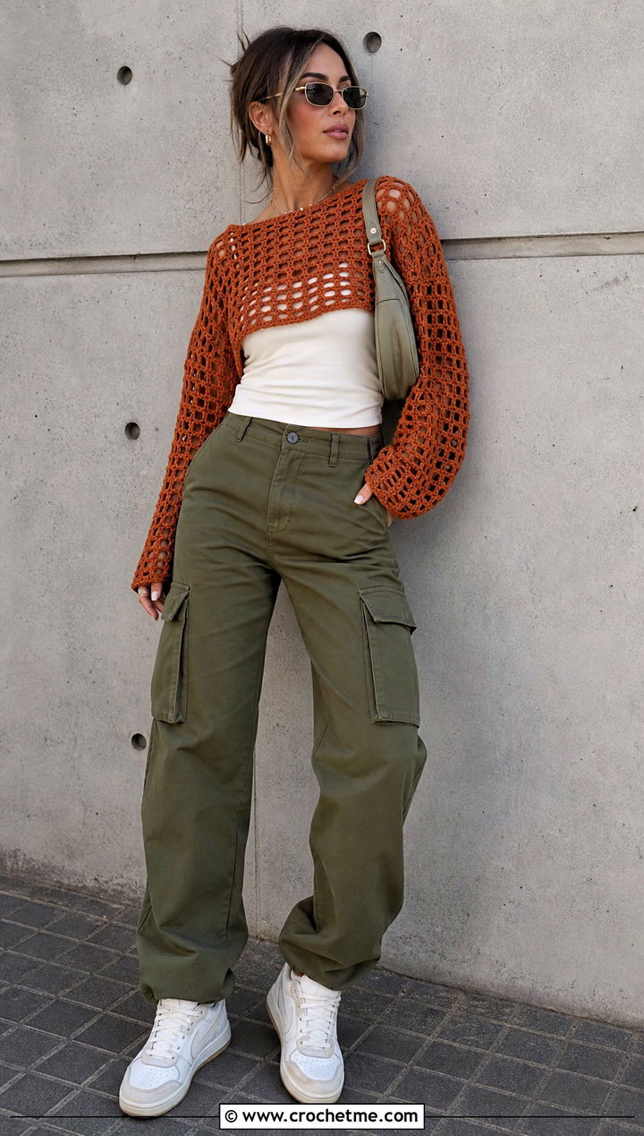 Boxy Mesh Crochet Lacy Sweater With Cargo Pants - 25 crochet lacy sweater outfit ideas