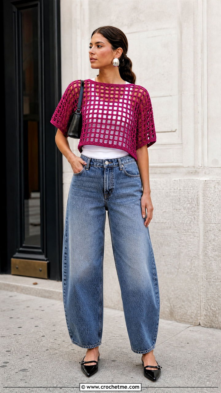 Boxy Mesh Crochet Top With Barrel Jeans - 35 mesh crochet top outfit ideas