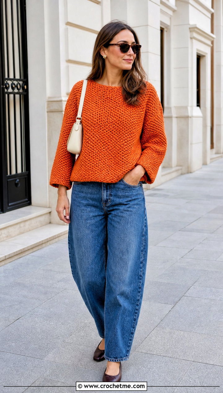 Boxy Moss Stitch Crochet Sweater With Barrel Jeans - 25 Moss Stitch Crochet Sweater outfit ideas