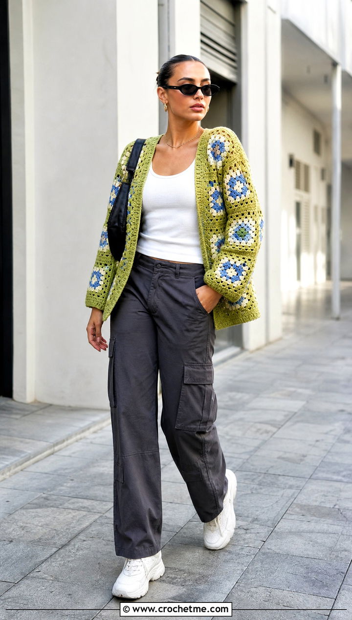 Boxy Multicolor Small Granny Square Cardigan With Cargo Pants - 25 Small Granny Square Cardigan outfit ideas