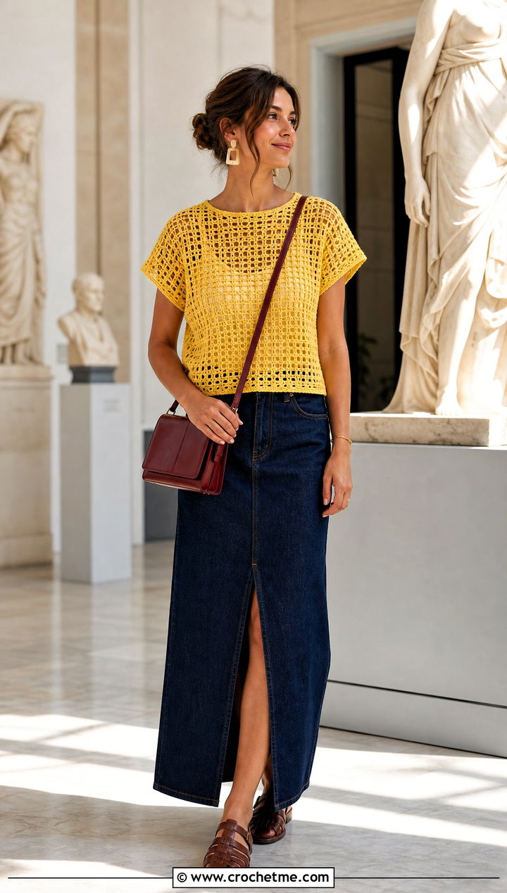 Boxy Openwork Crochet Tee With Denim Maxi Skirt - 15 summer lace crochet tee outfit ideas