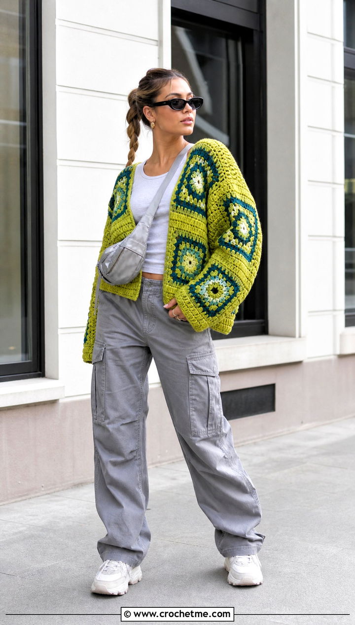 Boxy Oversized Granny Square Sweater With Cargo Pants - 30 oversized granny square sweater outfit ideas