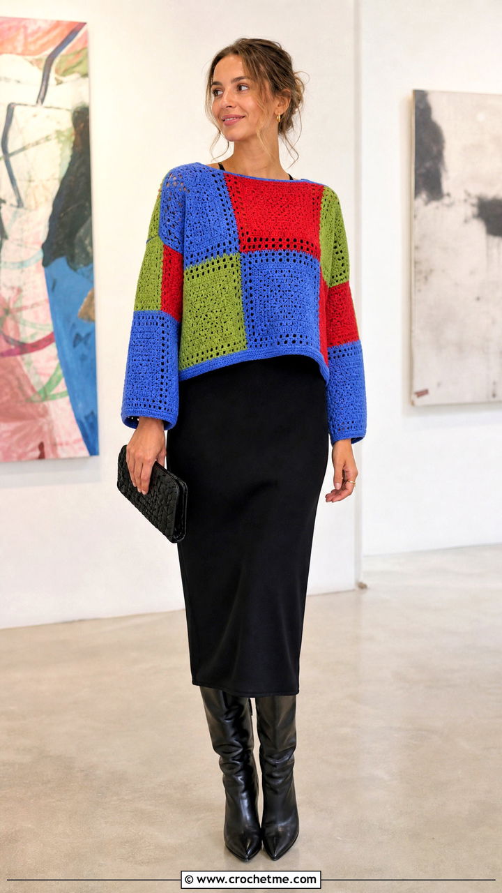 Boxy Patchwork Crochet Sweater With Column Dress - 35 patchwork crochet sweater outfit ideas