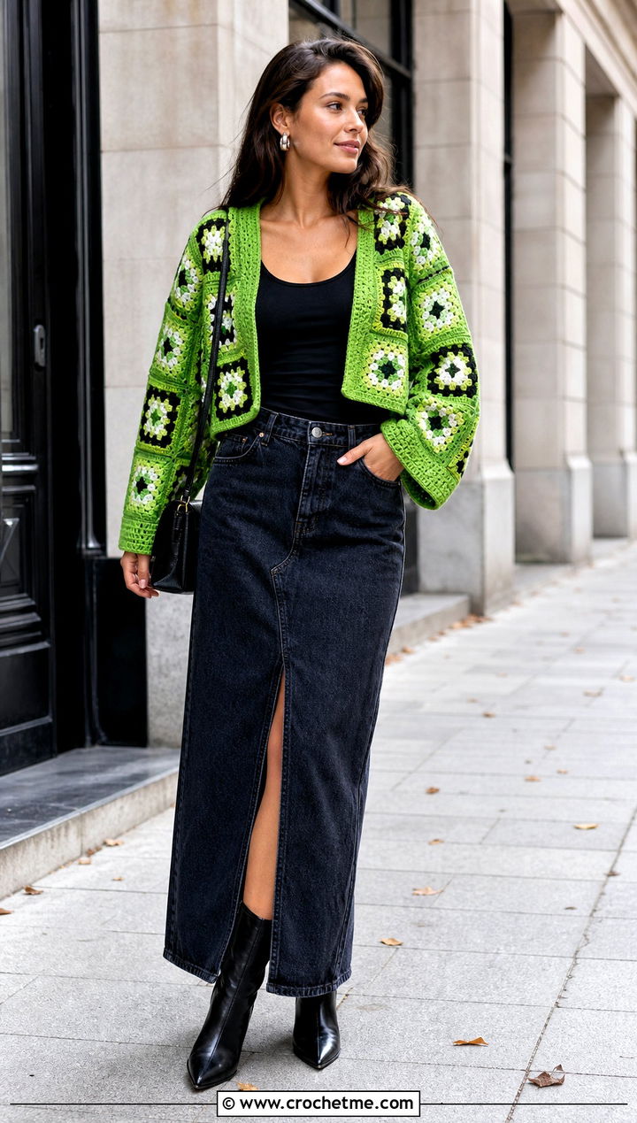 Boxy Patchwork Cropped Granny Square Cardigan With Denim Maxi Skirt - 20 Cropped Granny Square Cardigan outfit ideas