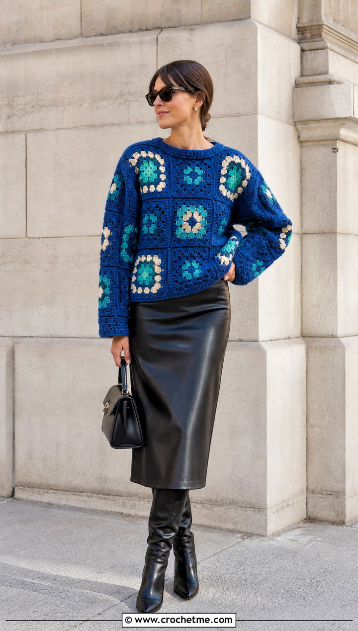 Boxy Patchwork Granny Square Sweater With Leather Midi Skirt - 25 Fall Granny Square Sweater outfit ideas