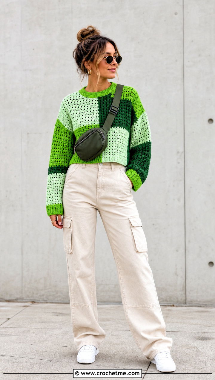 Boxy Patchwork Jumper With Cargo Pants - 15 crochet patchwork jumper outfit ideas