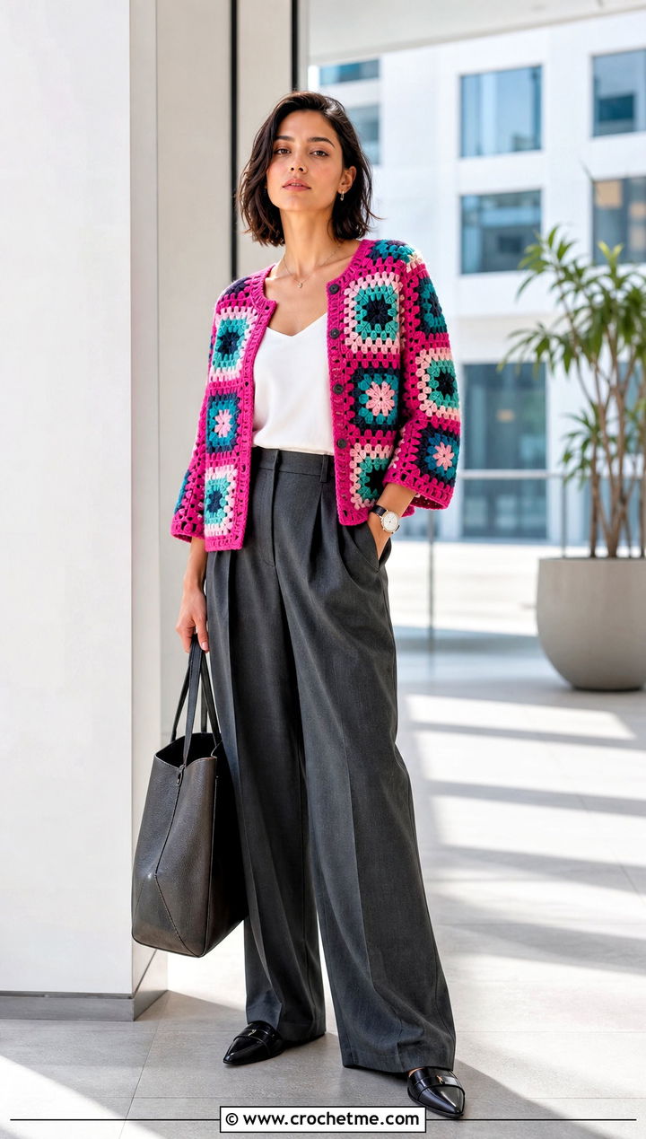 Boxy Pink Granny Square Cardigan With Tailored Trousers - 35 pink granny square cardigan outfit ideas