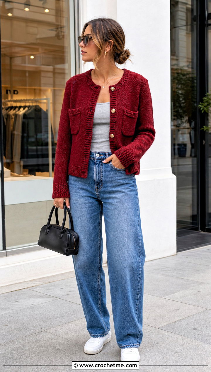Boxy Pocket Crochet Cardigan With Barrel Jeans - 25 crochet sweater with pockets outfit ideas